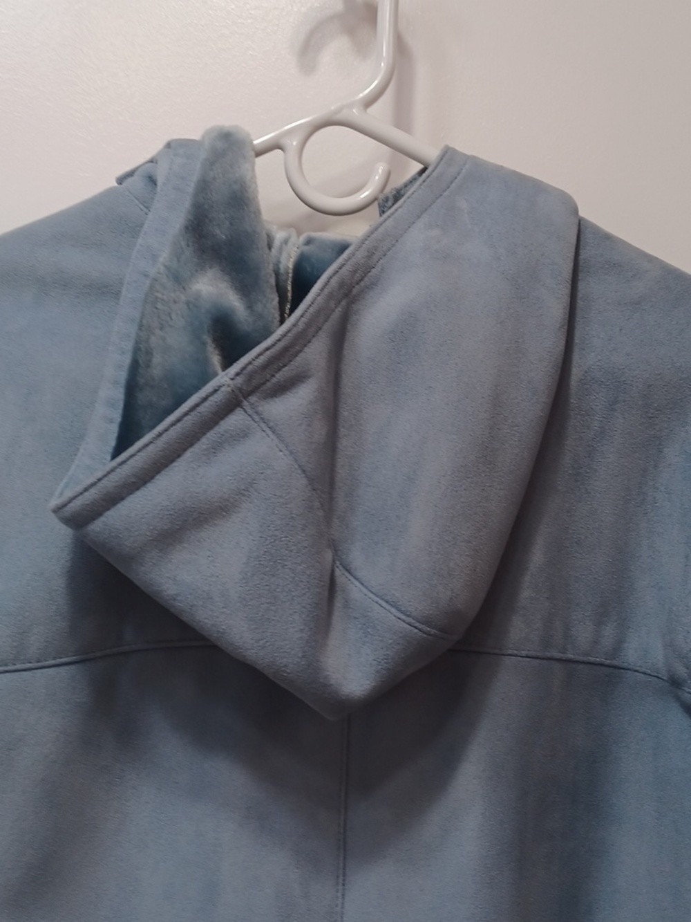 Faux Suede Leather & Velour, Blue Trench Coat Hoodie Long, Small - Medium - Picture 4 of 12